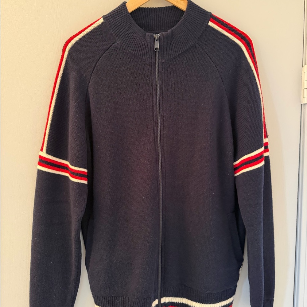 Marine Layer Men's Navy Sweater with Red and White Stripes